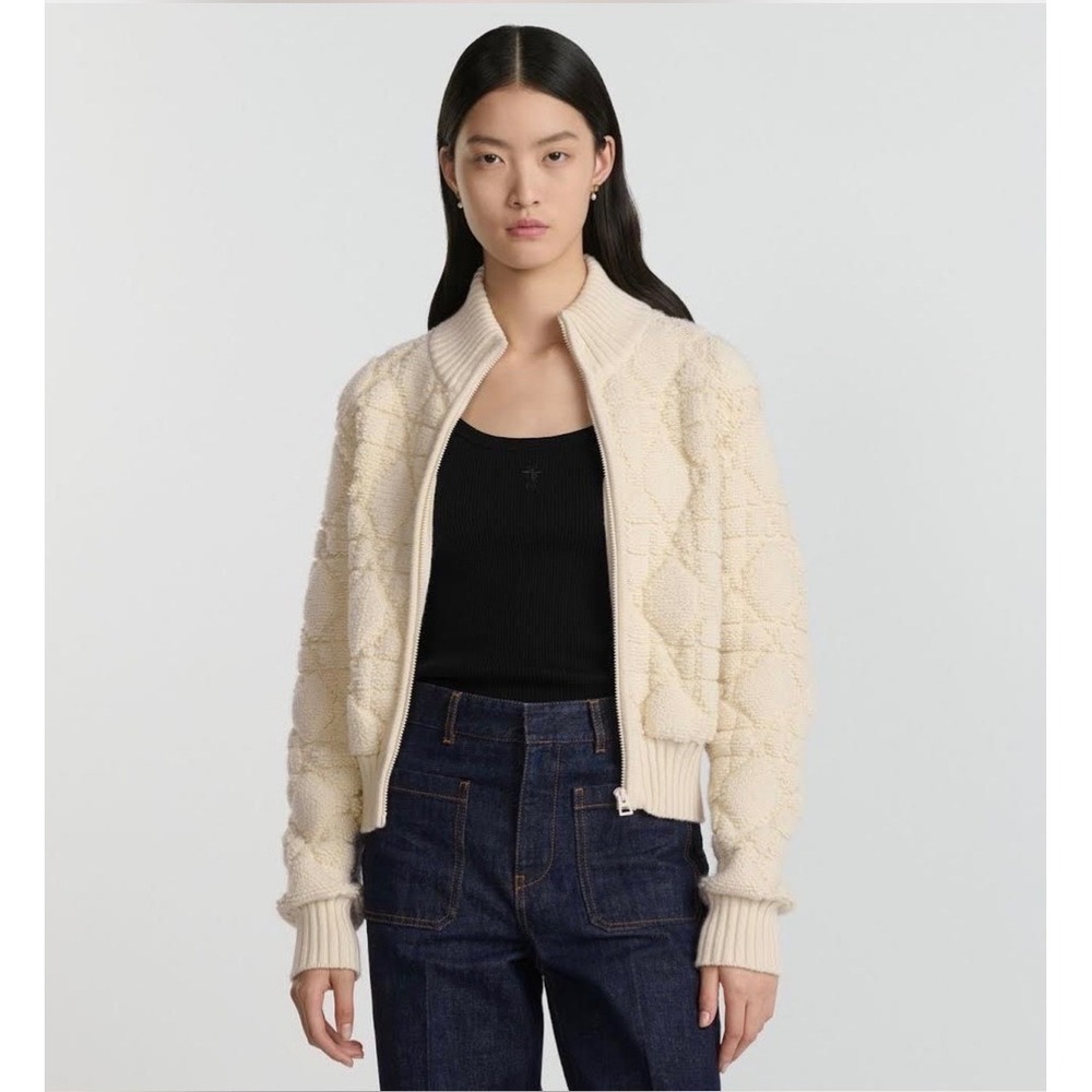 Christian Dior Macrocannage Quilted Cashmere Bomber Jacket Women 6 Cream Diamond